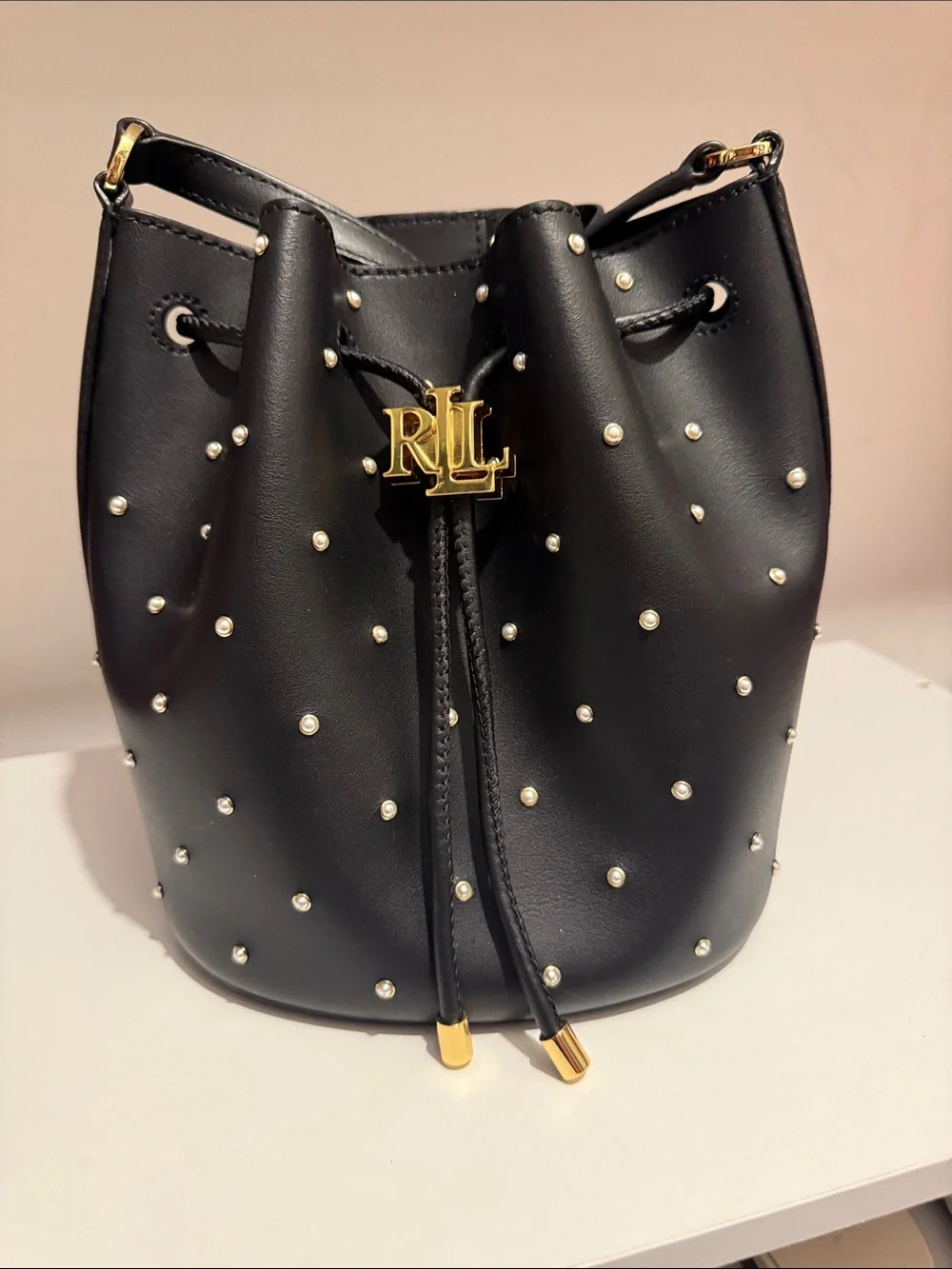 Ralph Lauren Black Pearl-Stud Drawstring Bucket Bag - Picture 1 of 10